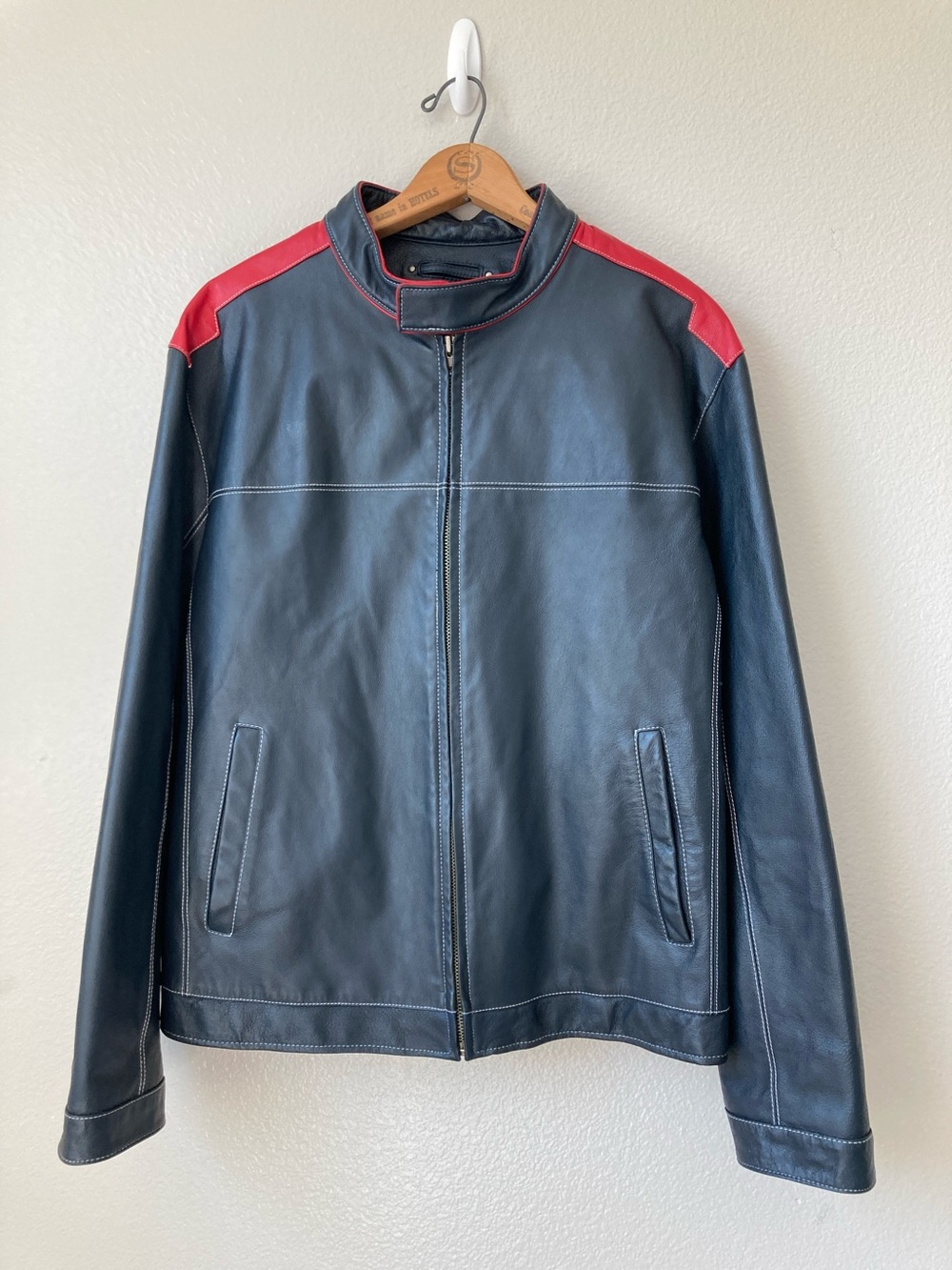 Vintage Y2k 90s Wilsons Navy Red Cafe Racer Leather jacket Quilted lining sz XL